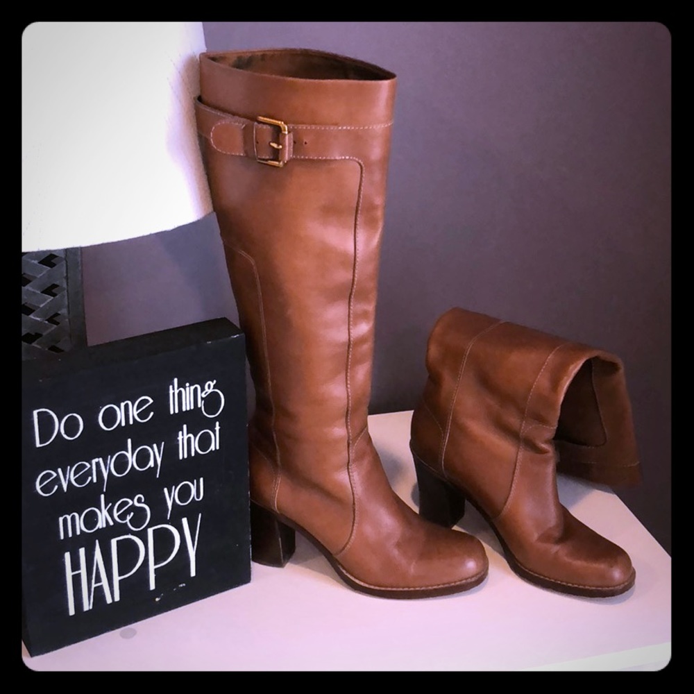 Camel colored block heel knee high boots